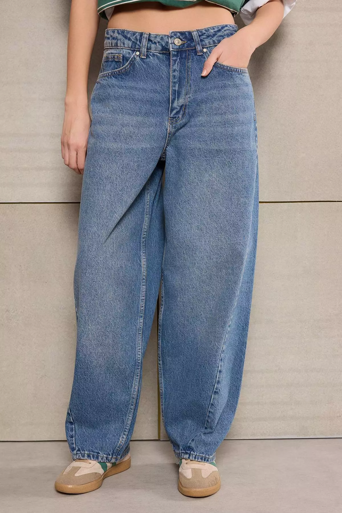 Teen Blue Stitching Detailed High Waist Baggy 1% Cotton Jeans Twoss26Je84
