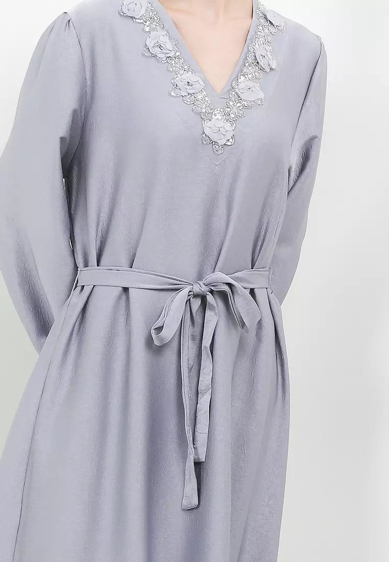 Embellished & Flo Appliq Belted Sateen Dress