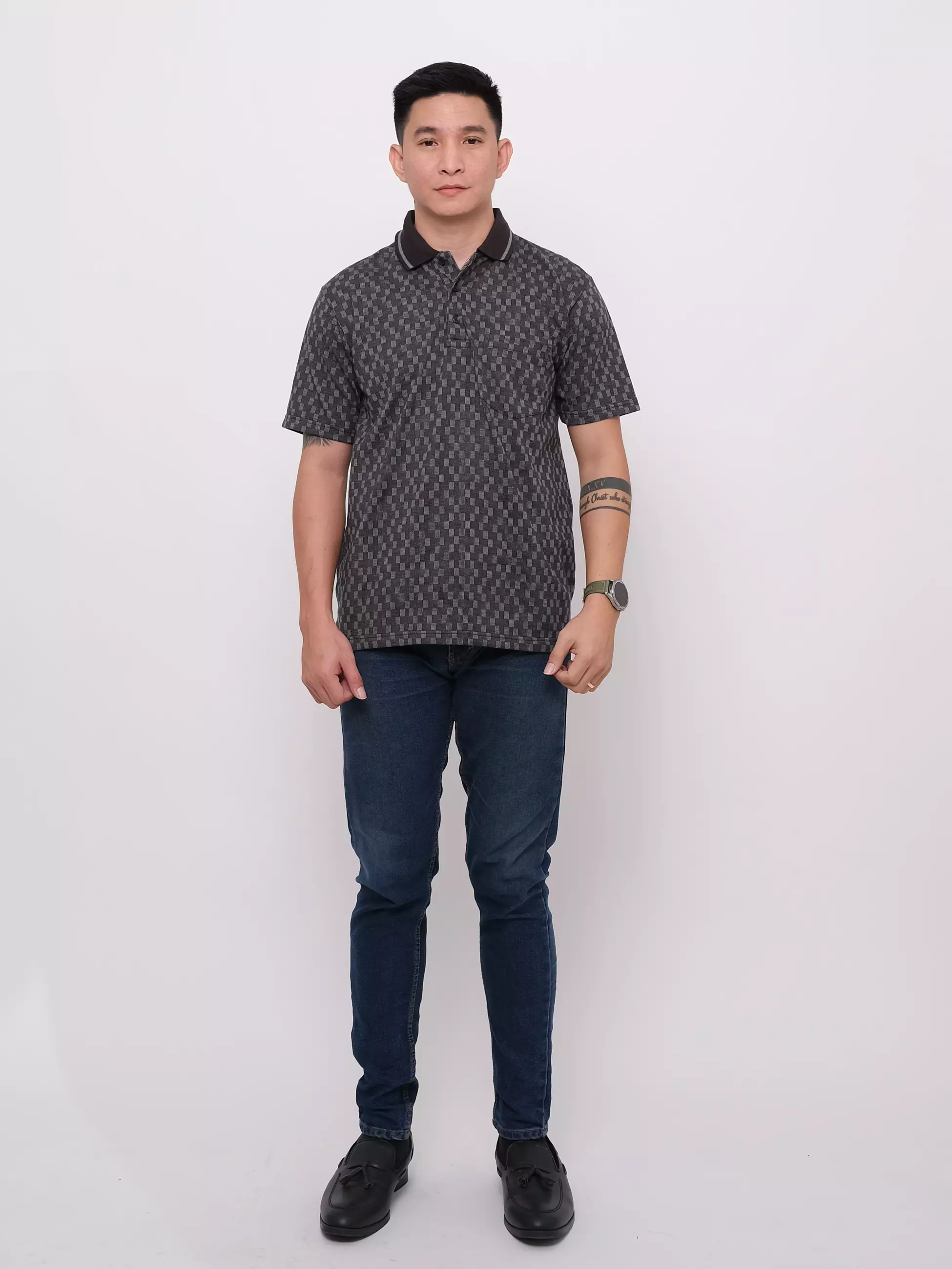 Andre Michel Polo Shirt Lengan Pendek Hitam Motif Kotak 3428