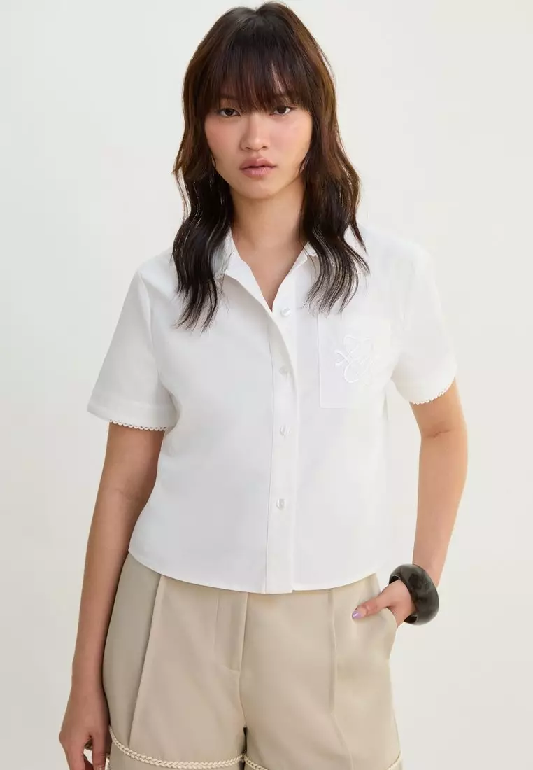 Scallop Trim Cropped Shirt - White
