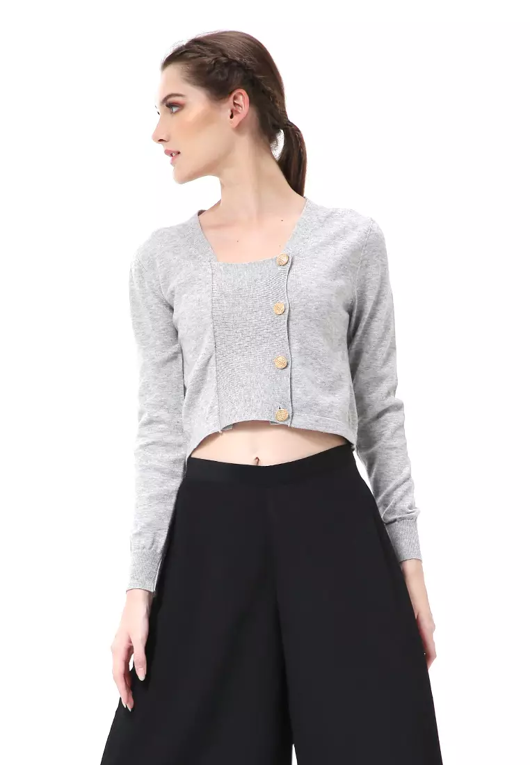 Albertine Atasan Wanita Top Lengan Panjang Model Kancing Samping Material Rajut ORIGINAL - Gray