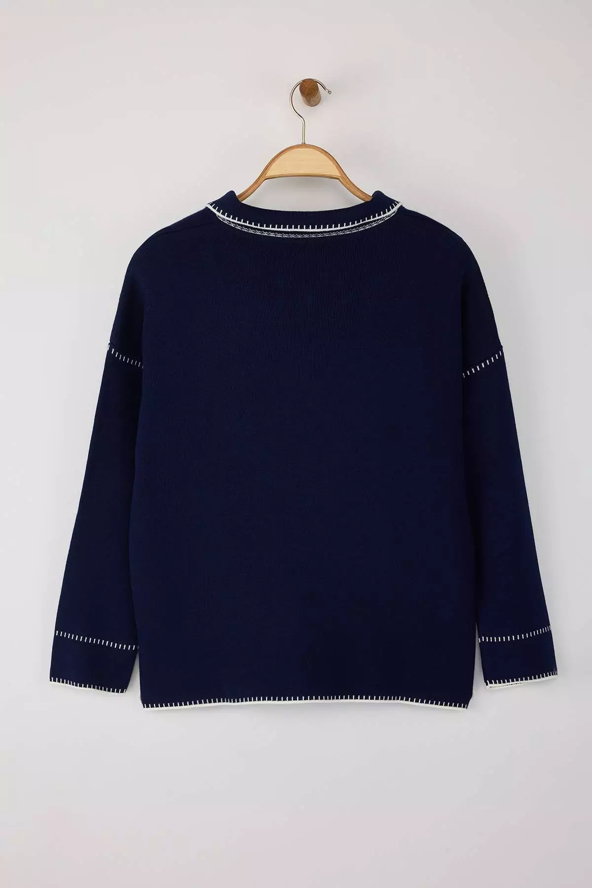 Navy Blue Polo Collar Embroidered/Embroidered Knitwear Cardigan