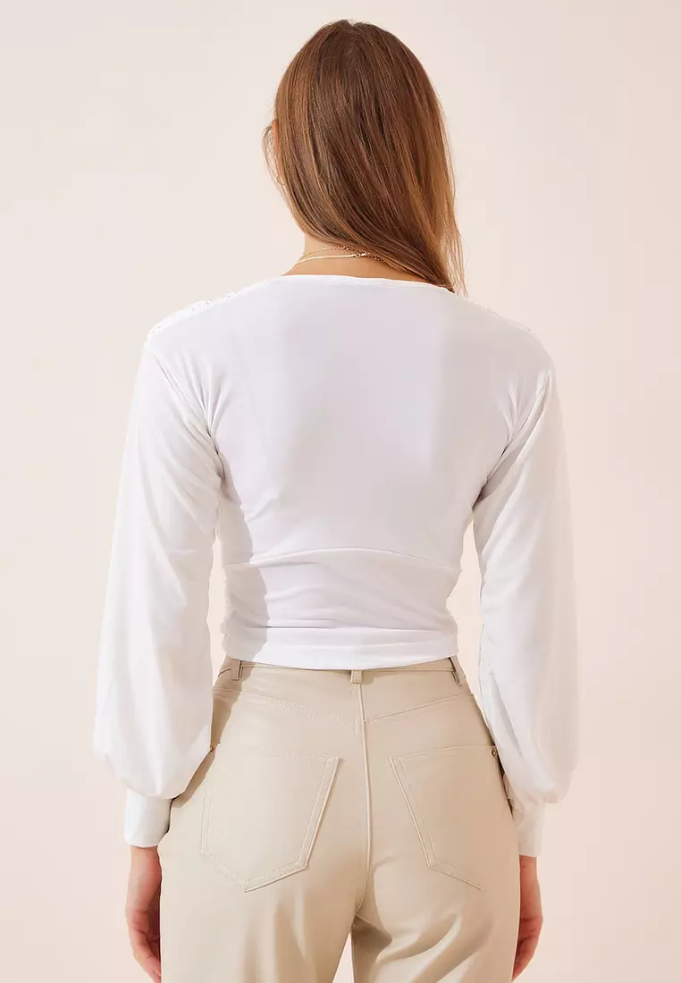 Deep V-Neck Long Sleeve Blouse