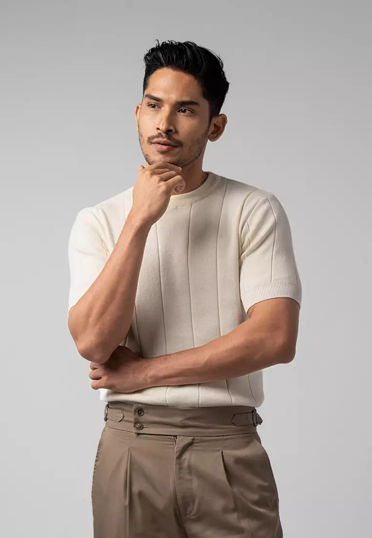 Mens Striped Knitted T-Shirt Cotton Off White SS