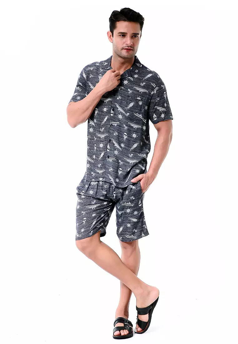 Deon Piyama Pria Ship Motive Kemeja One Set Lengan Pendek Material Rayon ORIGINAL - Gray