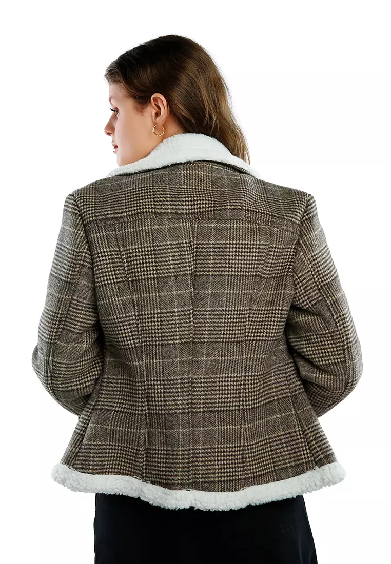 Brown Checkered Shearling Collar Winter Jacket