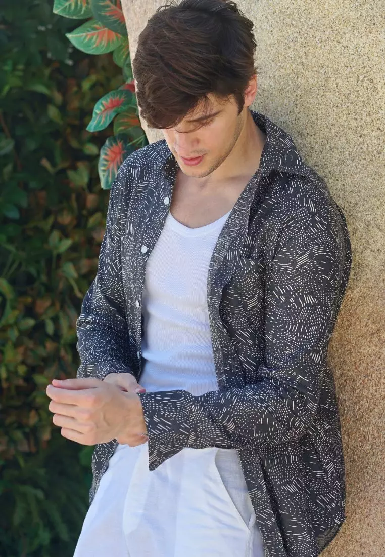 Key West Kemeja Linen Lengan Panjang Pria Hitam Motif | Linen Long Sleeve Shirt Men Patterned Black