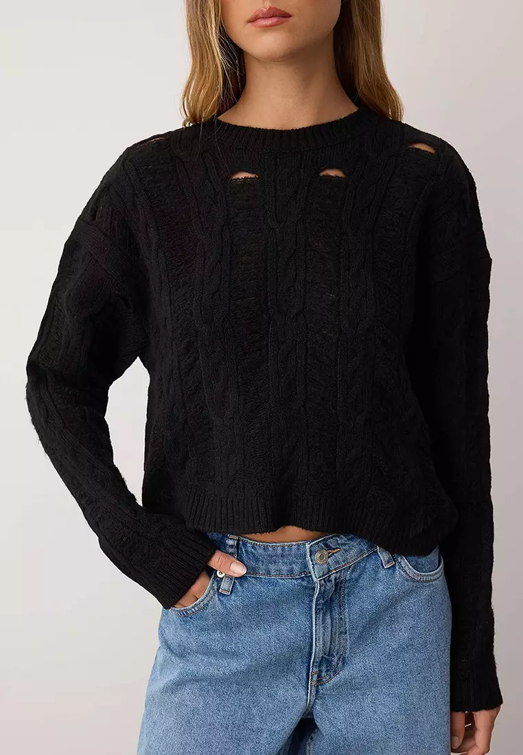 Black Soft Texture Wide Fit Openwork/Hollowed Knitwear Sweater