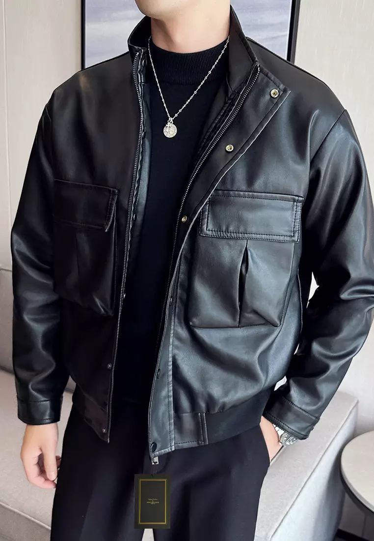 Men's Faux Leather Stand Collar Jacket MJ6803