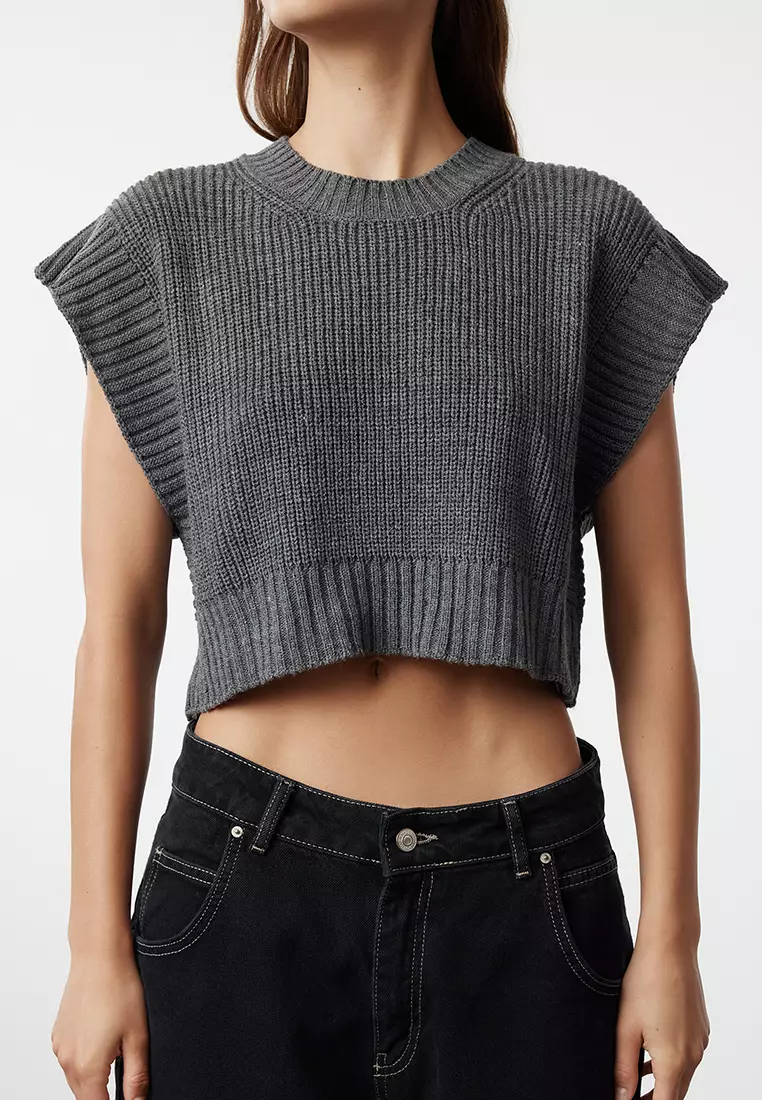 Anthracite Crop Crew Neck Knitwear Sweater TWOAW24SV00005