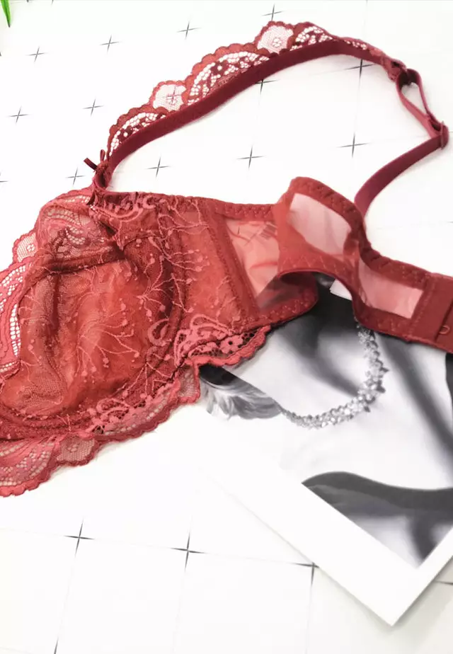 Lace Ultra-Thin See-Through Underwire Bra with Panty Set CA123109RD