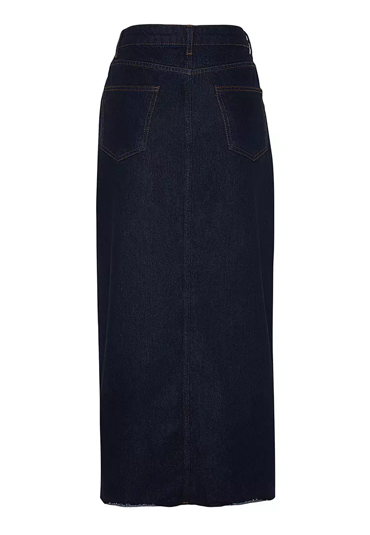 Dark Blue More Sustainable Slit Maxi Denim Skirt TWOSS23ET00290