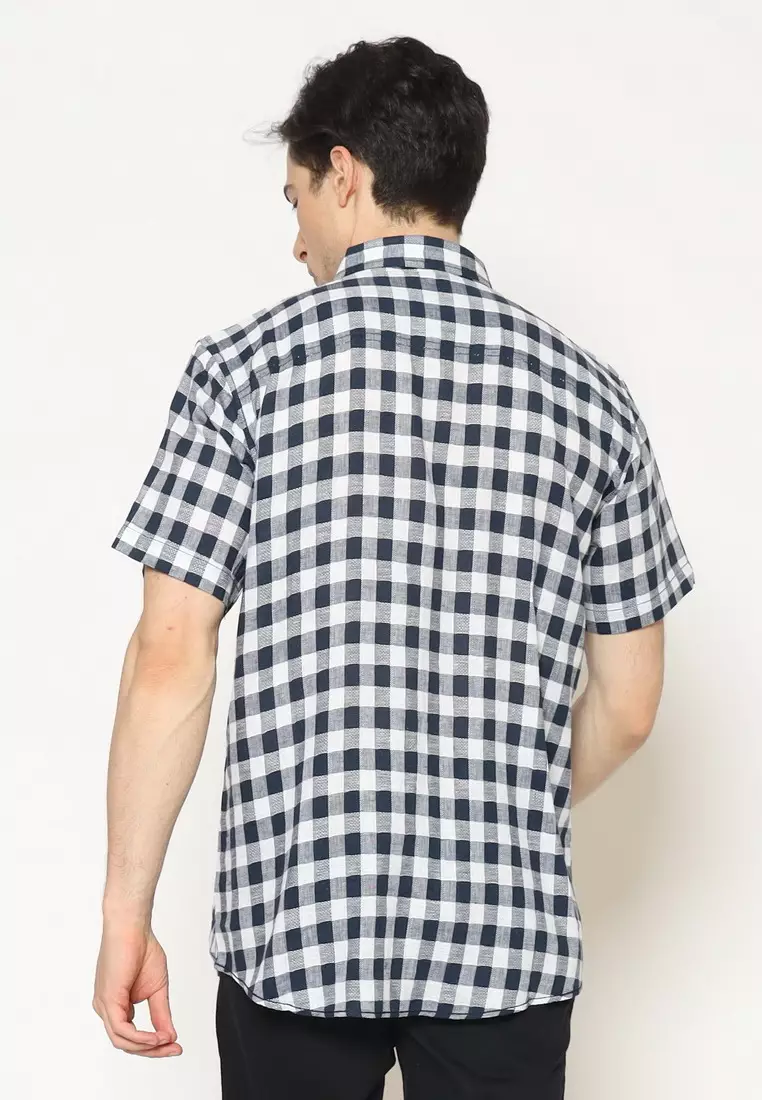 POLICE Kemeja Kotak Linen Biru Regular Fit Pria