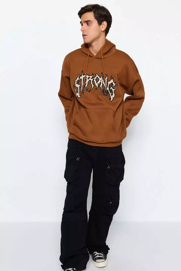 Buy Trendyol Ecru Men's Oversize Half-Zip Hooded Plush Sweatshirt with  Drawcord Detail. Online