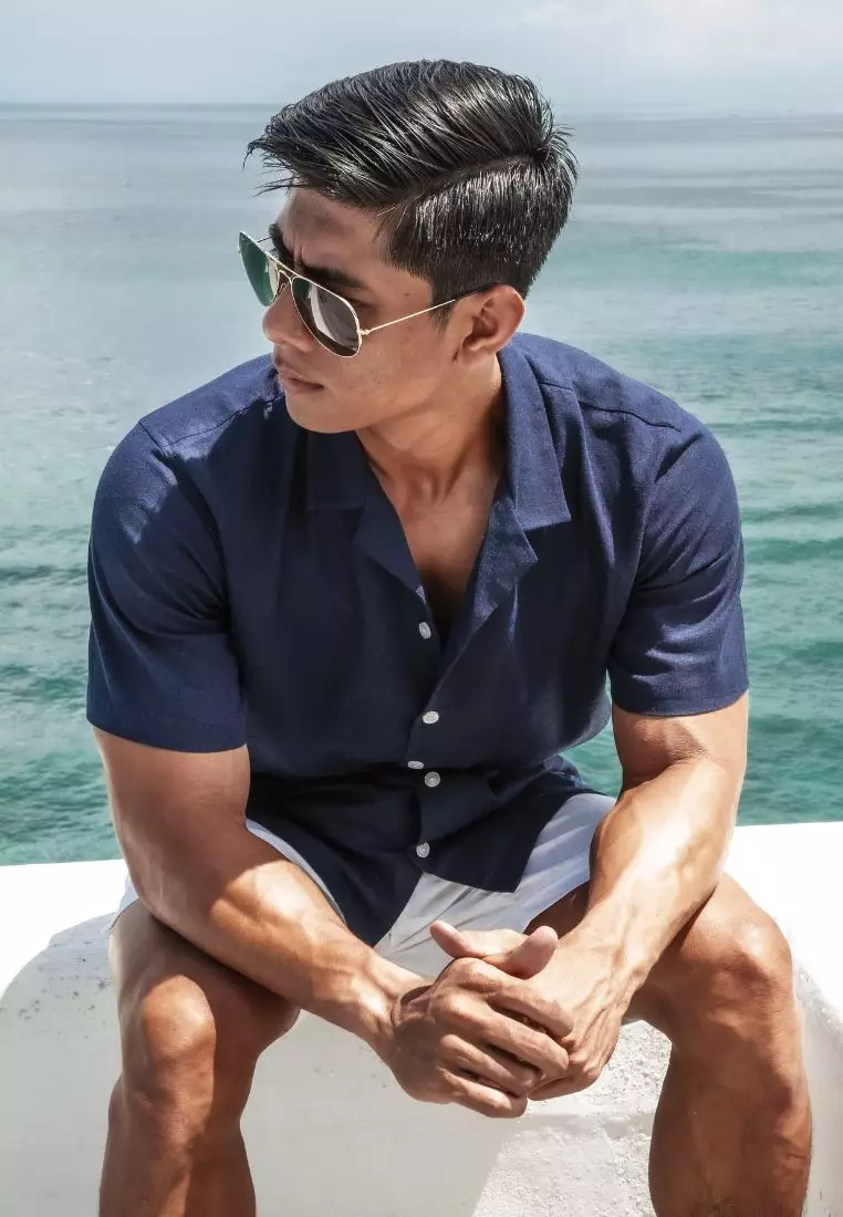 Durban Kemeja Linen Lengan Pendek Pria Navy | Linen Short Sleeve Shirt Men Navy