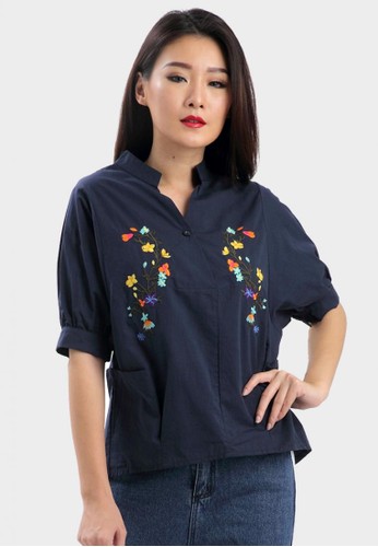 Flower Embroidered Blouse in Navy