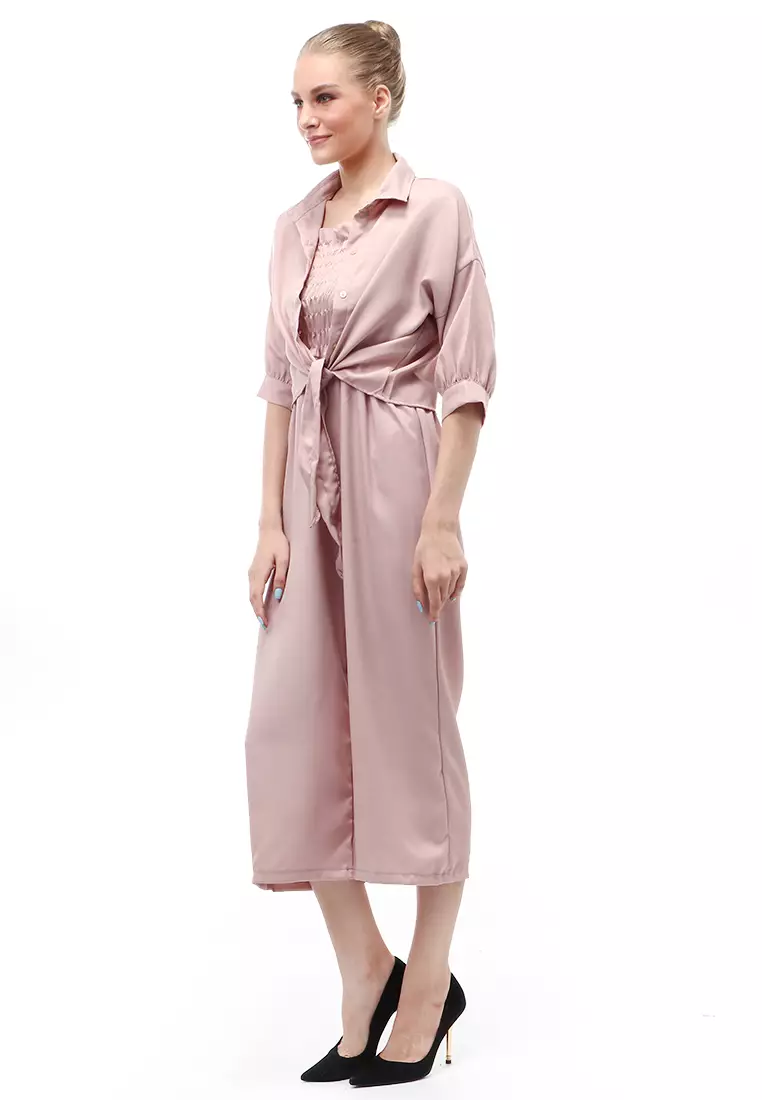 Jumpsuit Wanita Casual Motif Solid Setelan Relaxed Fit - Coklat Susu