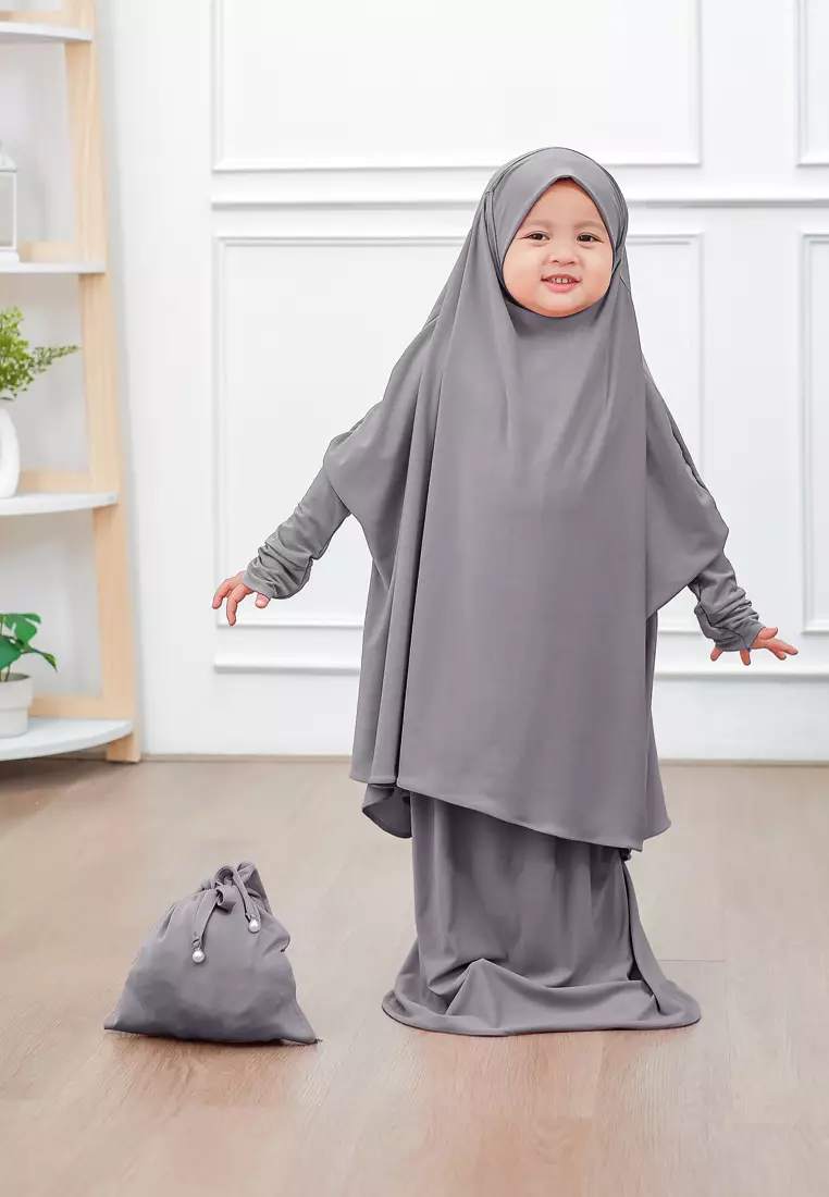 Zelena - Raudhia Prayer Set | Mukena French Khimar Set - Lava Grey - Anak