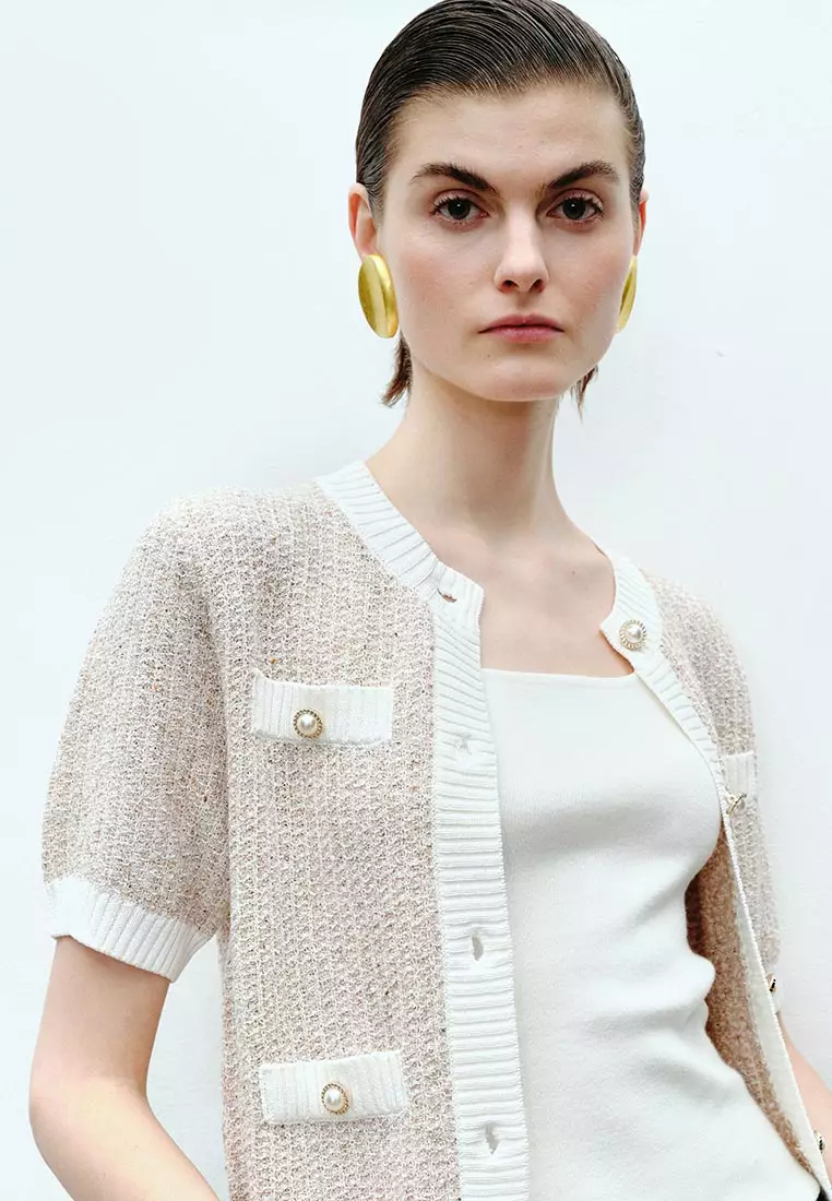 Short Sleeve Tweed Knit Cardigan With Pocket Detail