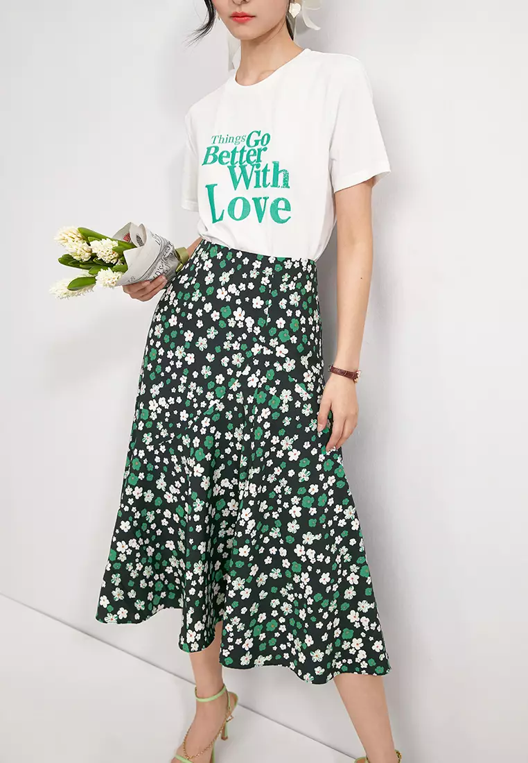 Slim Waist Flare Floral Long Skirt