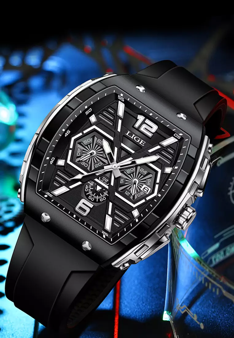 Unisex Tonneau Shaped IP Black Quartz Watch on Rubber Strap