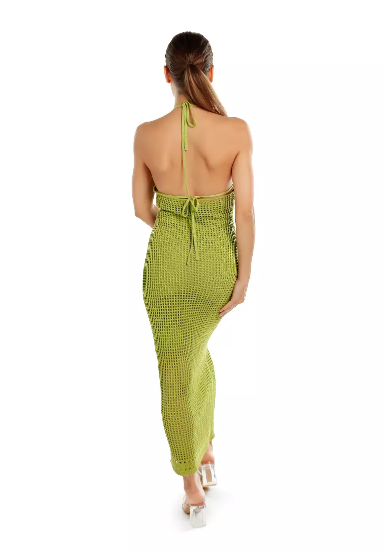 Gaun Punggung Terbuka Leher Halter dengan warna Chartreuse