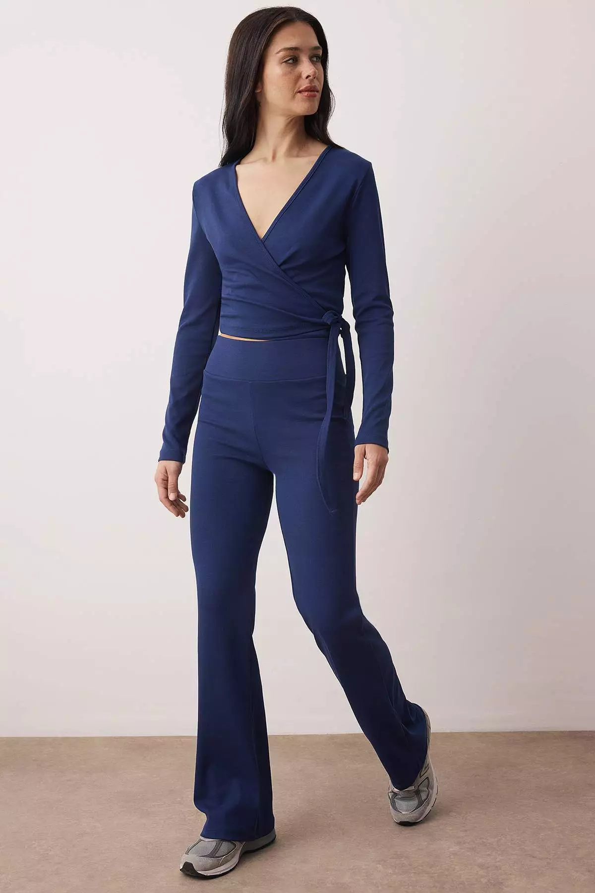 Navy Blue Double Breasted Closure Bodycon Long Sleeve Stretchy Knitted Bottom-Top Set Twoaw26Au29