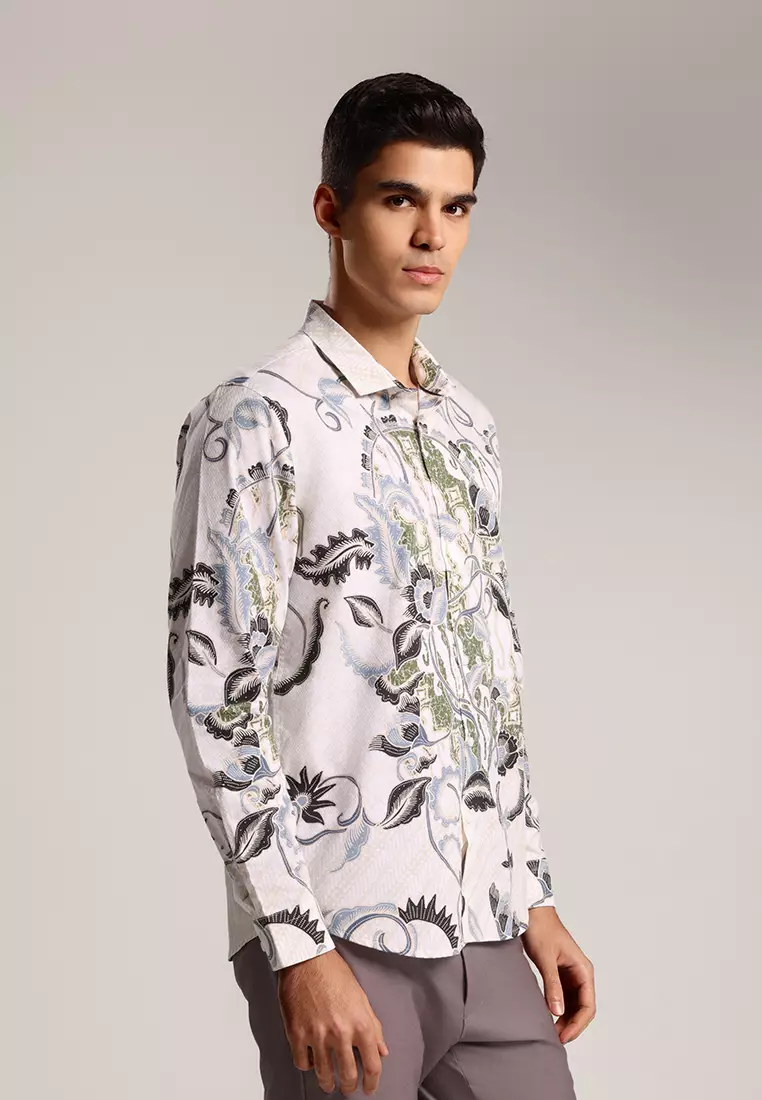 MOC - Kemeja Batik Pria Lengan Panjang Lamduan - White