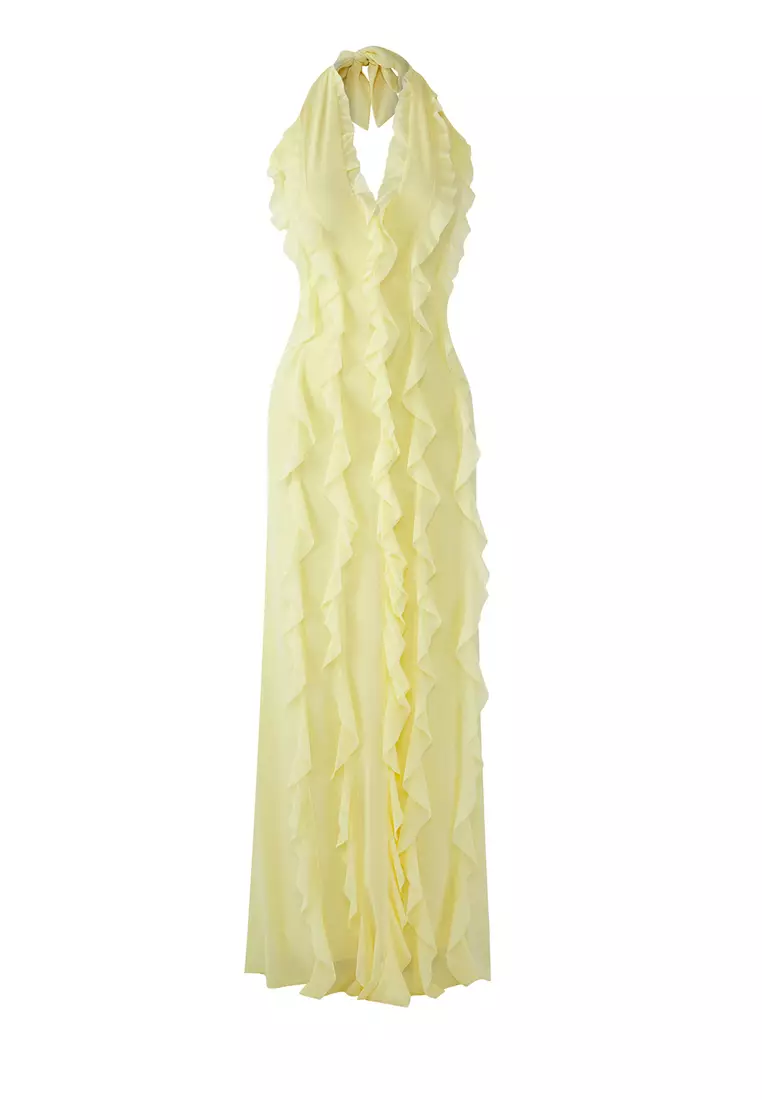 Limited Edition Light Yellow Ruffled Lined Tulle Evening Prom Dress TPRSS25AE00063