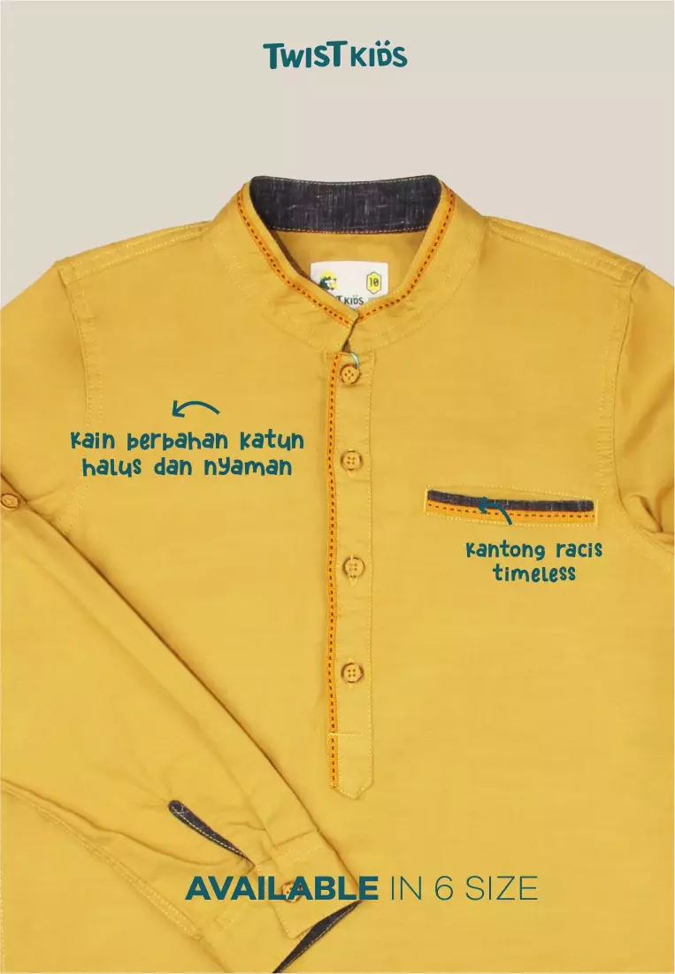 Twist Kids [Official Store] - Raffasha C, Baju Lebaran Anak Laki-Laki 2025, Kemeja Koko Lengan Panjang Anak Laki-Laki (usia 4-14 tahun) Warna Mustard