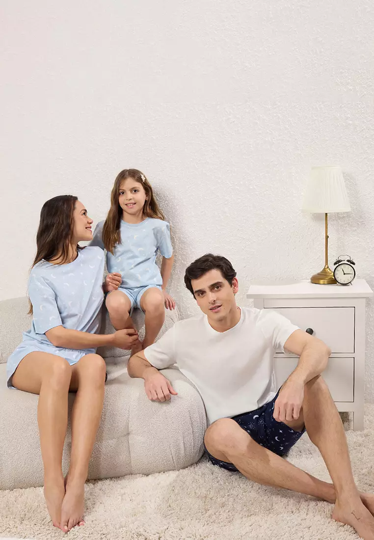 Blue 100% Cotton Oversize Family Short Sleeve Pajamas Set Tkdss25Pt00030
