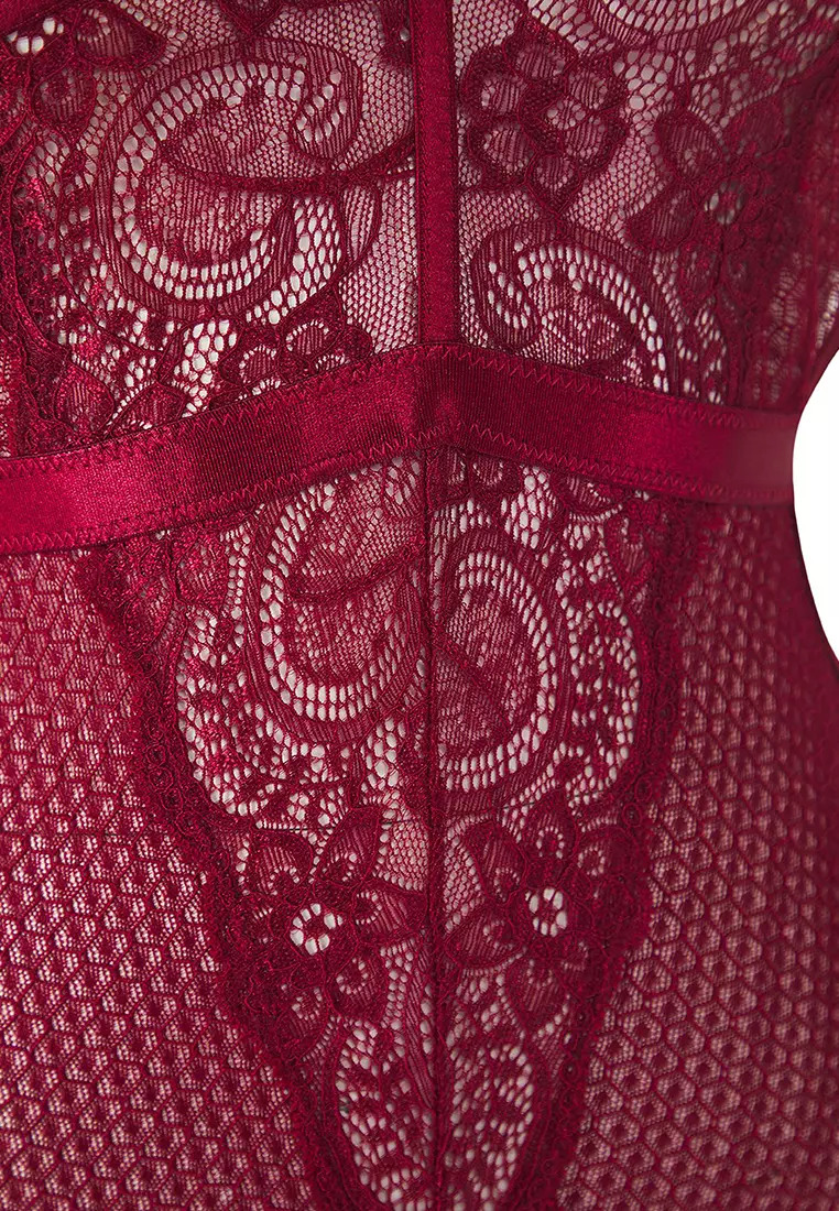 Dark Cherry Lace Openwork/Hole Piping Detail Knitted Bodysuit Without Cover THMSS25BD00002