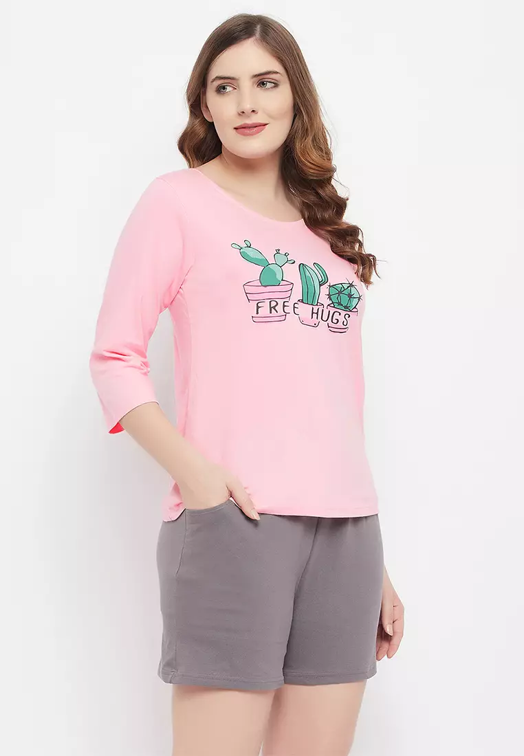 Clovia Cactus Print Top in Baby Pink & Chic Basic Shorts in Grey - 100% Cotton