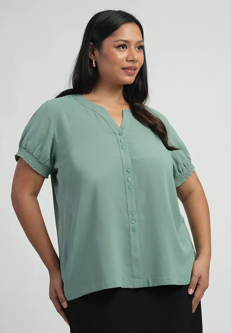 Milly Plus Size Sherina Smocked Sleeve Button-down Blouse