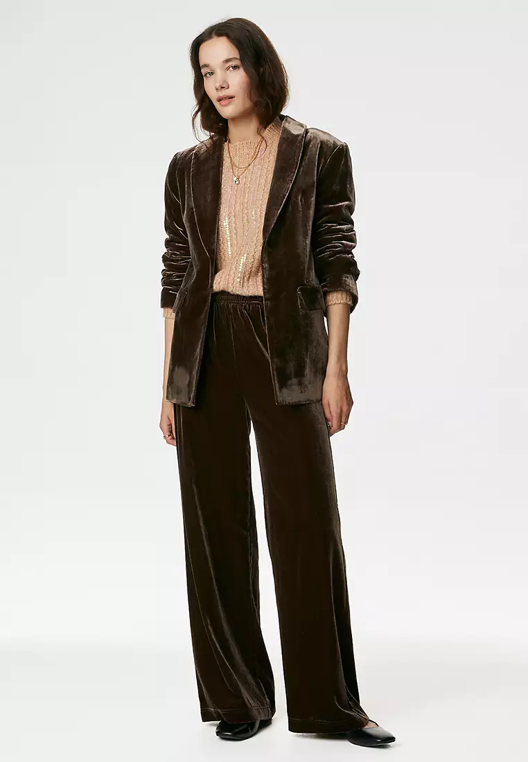 Velvet Elasticated Waist Wide Leg Trousers