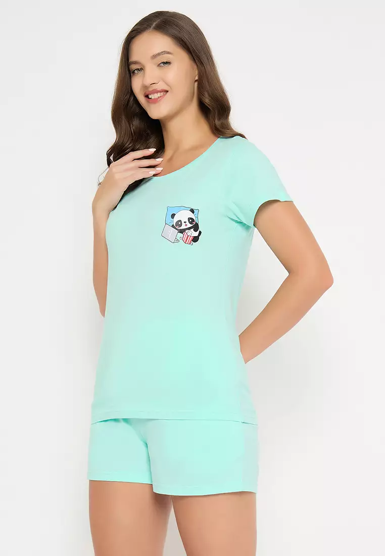 Clovia Cute Panda Print Top & Shorts in Light Blue - 100% Cotton