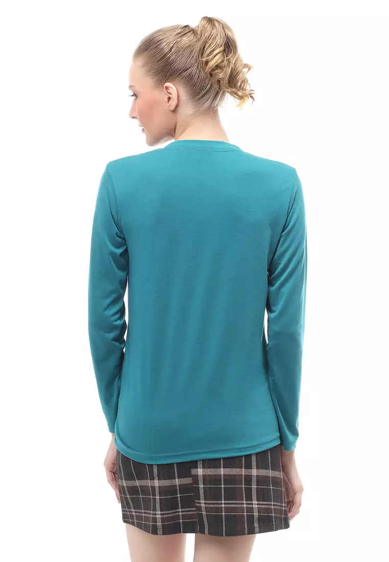 Kaos Polos Atasan Wanita V-Neck Lengan Panjang Design Simple Relaxed Fit - Tosca Tua
