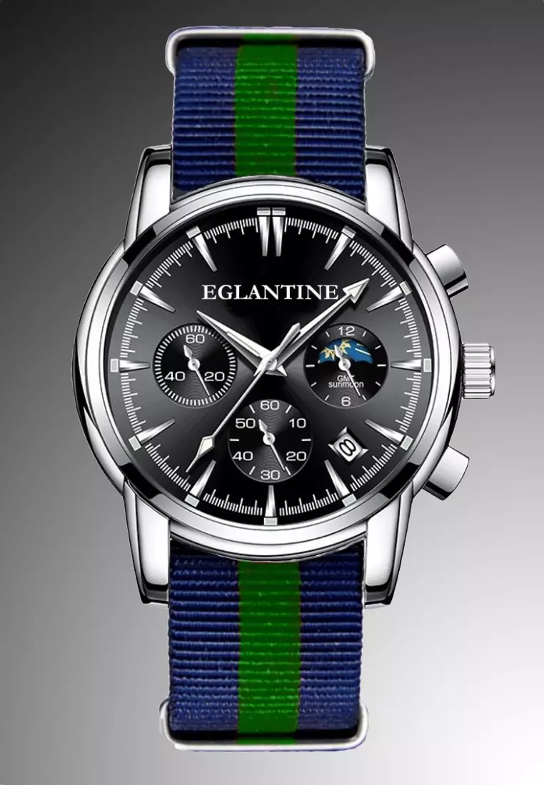 FREJUS Unisex Chronograph Quartz Watch, Black Dial, 40mm, Navy Blue / Green NATO Textile Strap