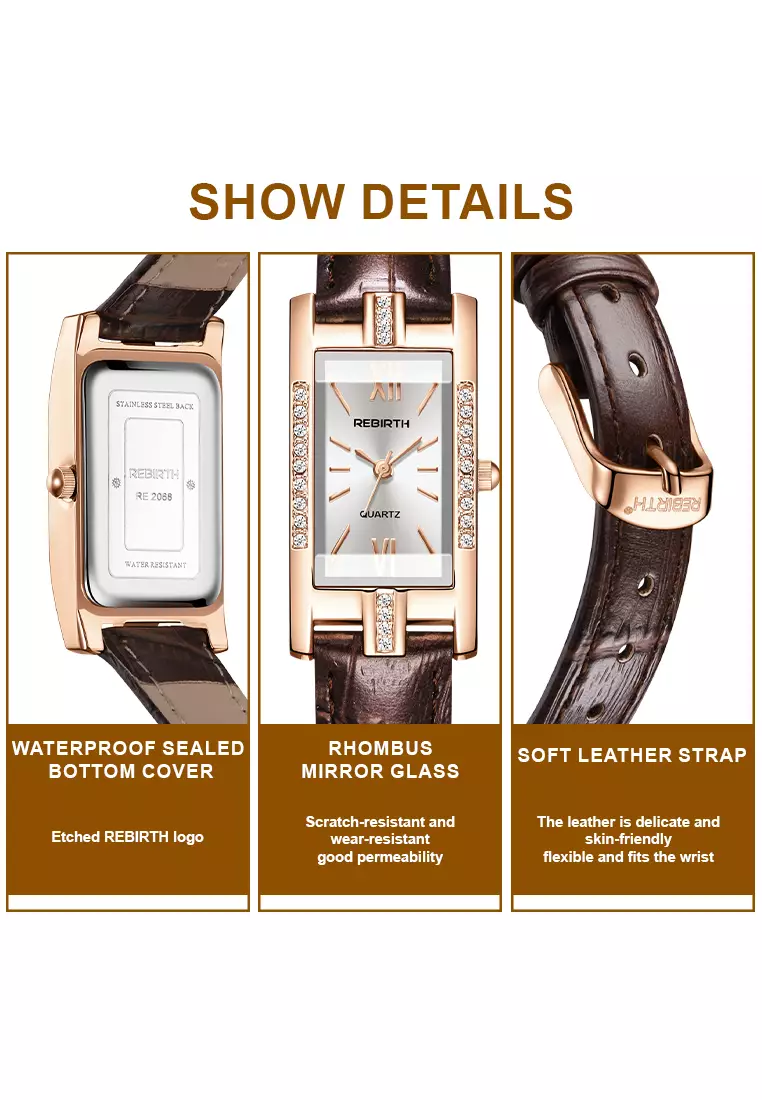 Jam Tangan Wanita Anggun Tali Kulit Berlian Jam Tangan Cewek cokelat