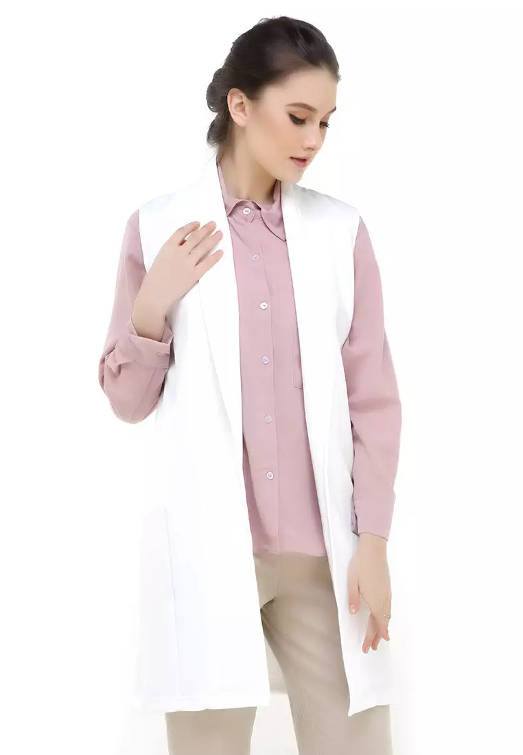 Qemsya Blazer Wanita Sleeveless Simple Casual Plain Outer Material Scuba ORIGINAL - White