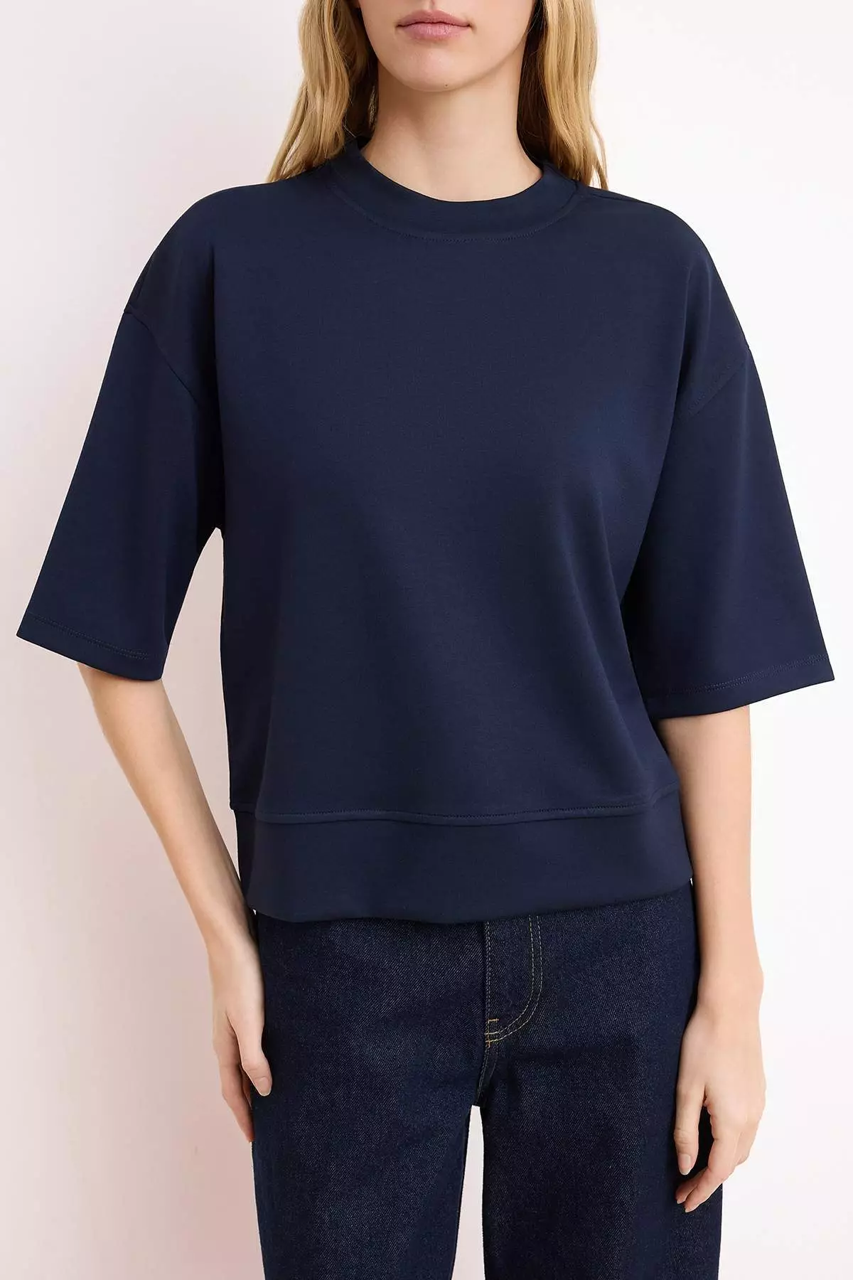 Navy Blue Oversize/Wide Fit Low Sleeve Three Quarter Soft Touch Knitted T-Shirt Twoss26Ts182