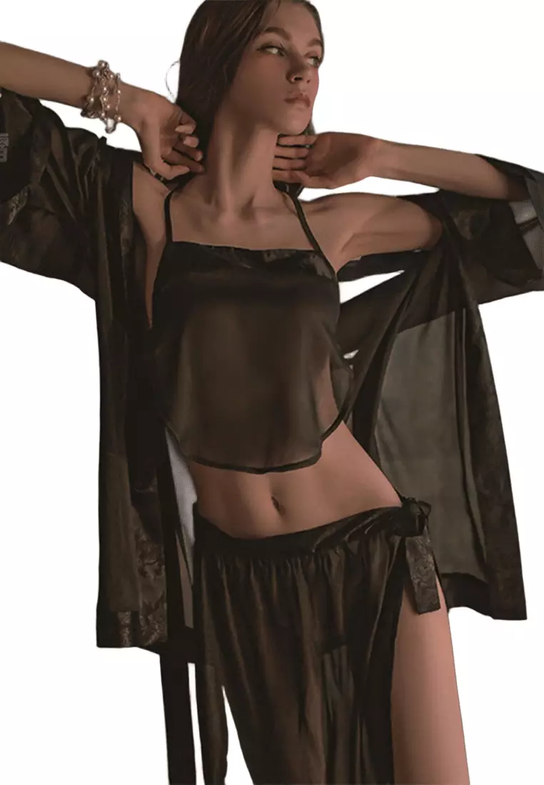 LDZ5063 Lady Sexy Lace Sleepwear Three Pieces Set  Black