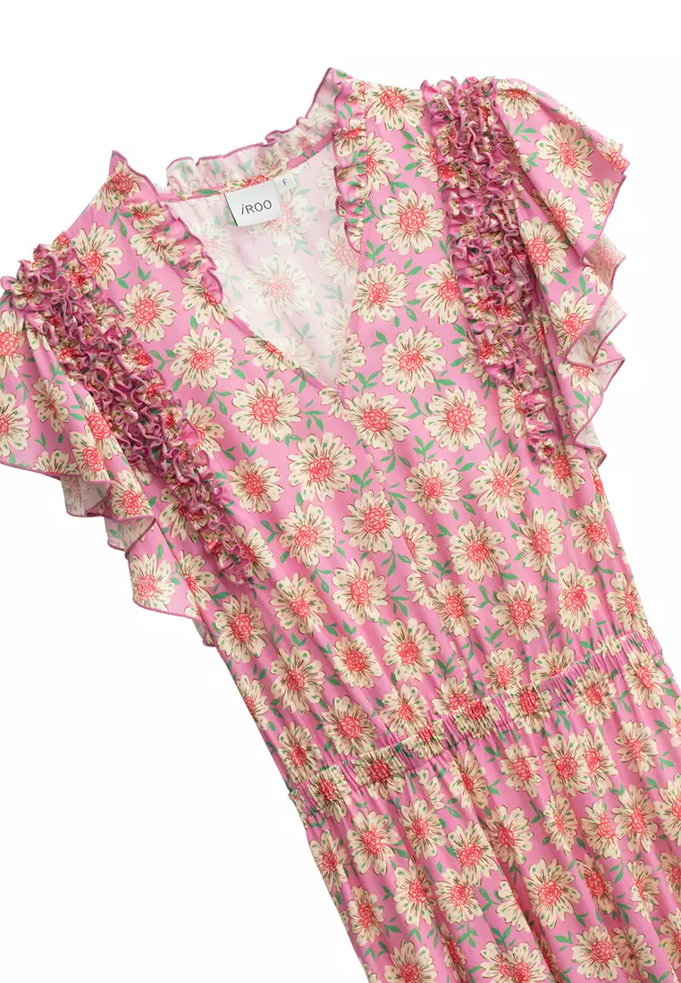 Floral Print With Flutter Sleeve Maxi Dress