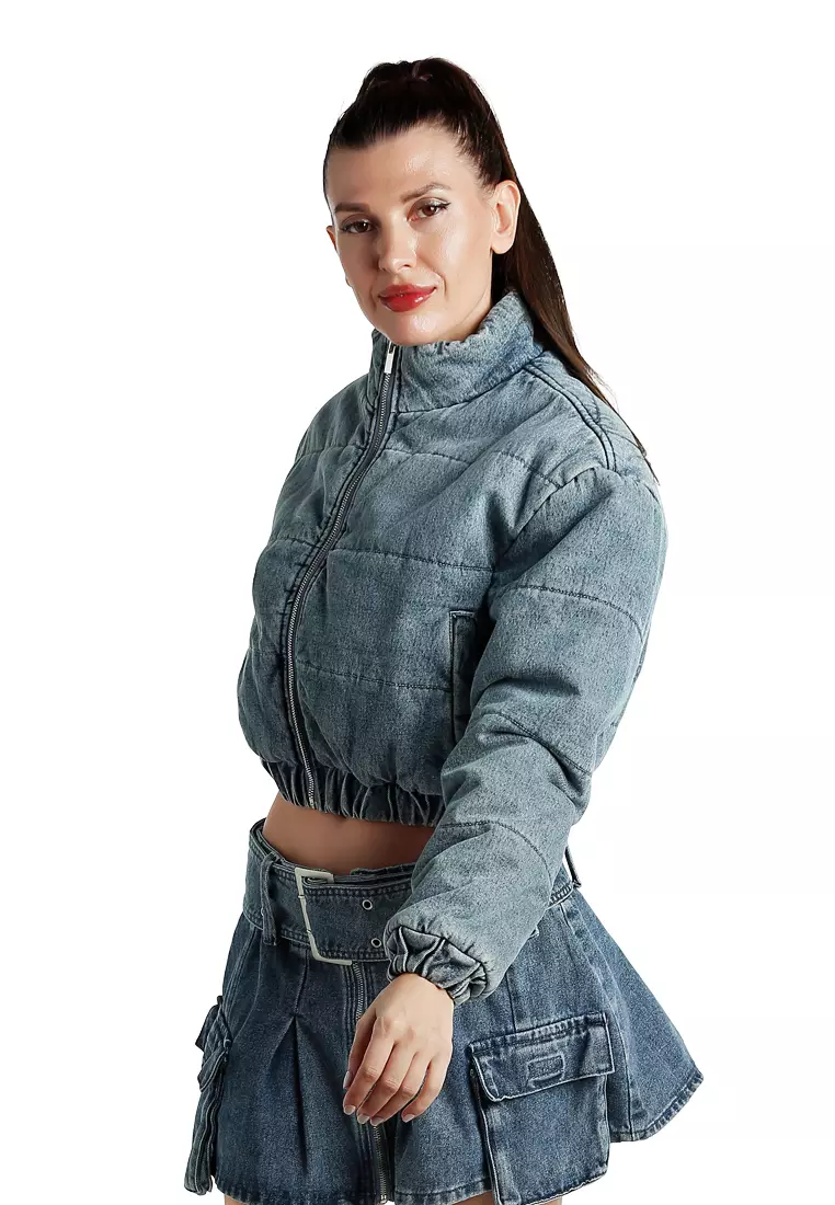 Denim Puffer Short Jacket in Blue