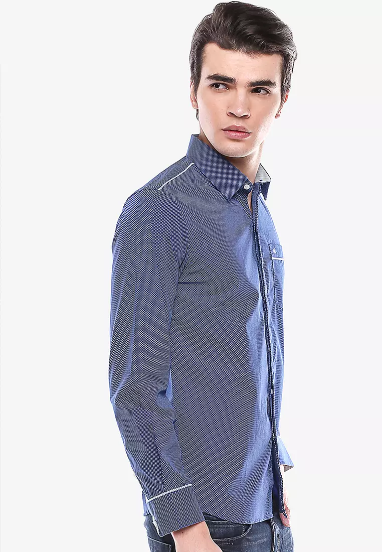 Johnwin - Regular Fit - Kemeja Formal - Biru - Motif Polkadot - Lengan Panjang.