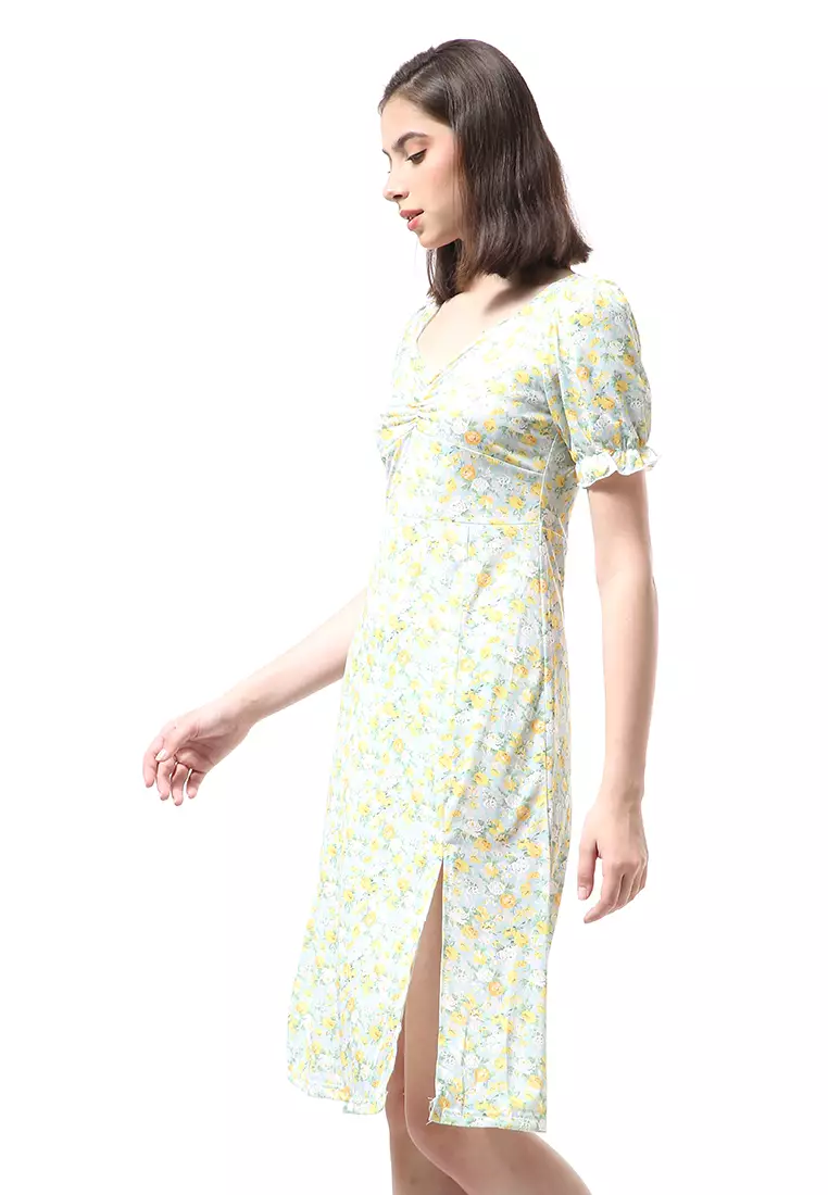 Rachel Dress Wanita Lengan Karet Flower Motive Model Belah Samping Material Cotton ORIGINAL - Green