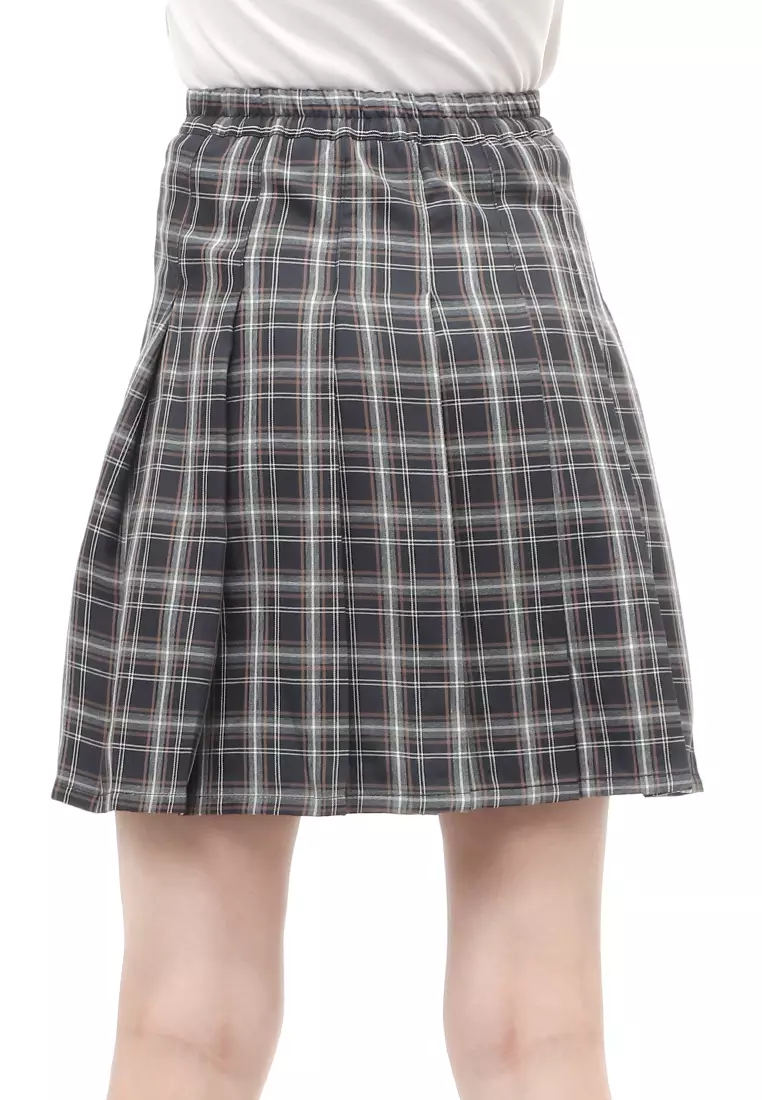 Rok Midi Wanita Motif Tartan Rubbery Waist Design Simple - Black