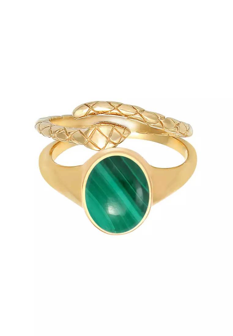 Cincin Perhiasan Perak 925 Wanita Set Signet Malachite Snake Trend Blogger Gold Plated
