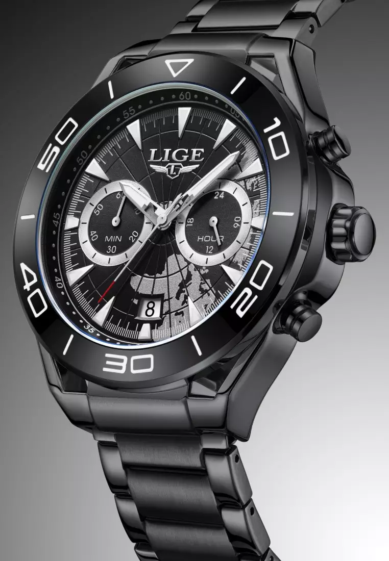Chronograph Unisex IP Black Stainless Steel Quartz Watch, 48mm, stainless steel bracelet