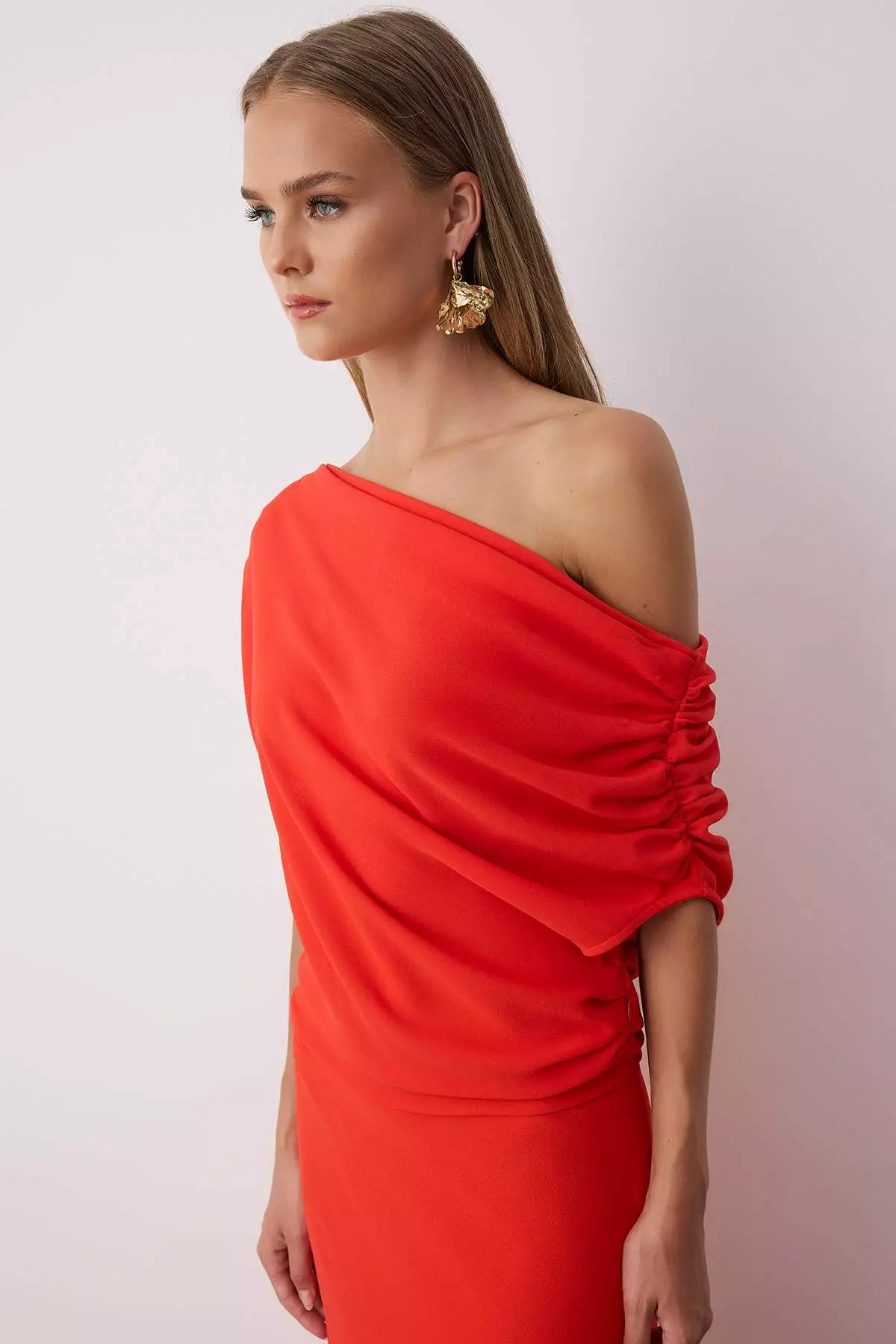 Red A Line Boat Neck Midi Stylish Dress